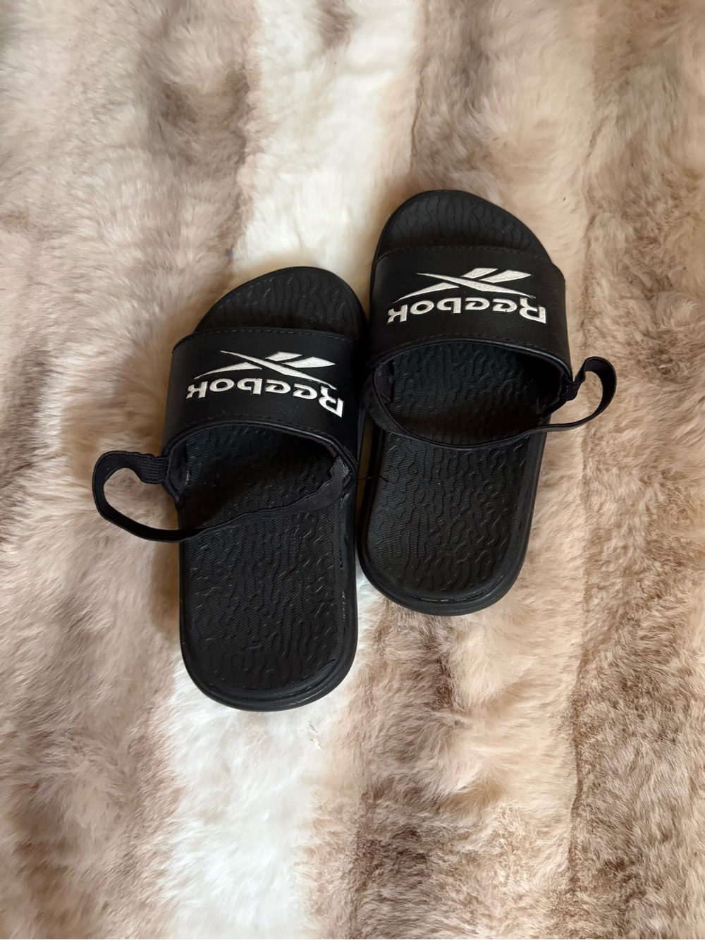 Reebok Black Slide Sandals with White Logo and Heel Strap